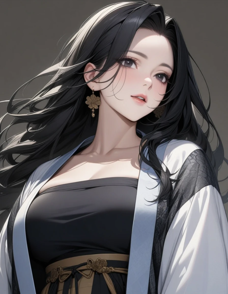 Mature big sister,Black long hair,Hanfu,Seductive pose,Beautiful black eyes,Extremely detailed,high resolution,Simple background