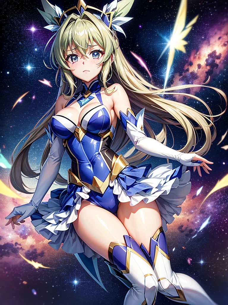 Highest quality,Highest Resolution,A beautiful metallic girl like Tsubasa Kazanari from Symphogear,Earth Behind,universe,Milky Way,