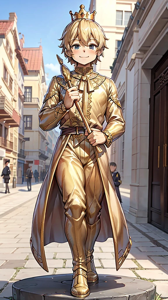 王子的Gold statue，Prince style，Prince costume，宫廷Dress，Gold statue，男孩的Gold statue，带着黄金冠冕的Gold statue，脚边停着一只燕子的Gold statue，Golden Boy Statue，Gold statue，Dress，Dress，西式宫廷男士Dress，Cute boy，British style，Victorian style，crown，crown，Golden Boy Sculpture，Golden Boy Statue，Gold statue，佩剑的Gold statue，腰带上挂着配剑的Gold statue，Giant golden statue，Giant golden statue，Outdoor Background，Smiling statue，