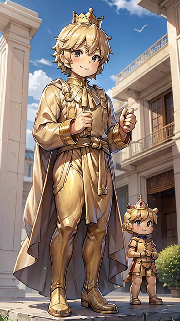 王子的Gold statue，Prince style，Prince costume，宫廷Dress，Gold statue，男孩的Gold statue，带着黄金冠冕的Gold statue，脚边停着一只燕子的Gold statue，Golden Boy Statue，Gold statue，Dress，Dress，西式宫廷男士Dress，Cute boy，British style，Victorian style，crown，crown，Golden Boy Sculpture，Golden Boy Statue，Gold statue，佩剑的Gold statue，腰带上挂着配剑的Gold statue，Giant golden statue，Giant golden statue，Outdoor Background，Smiling statue，