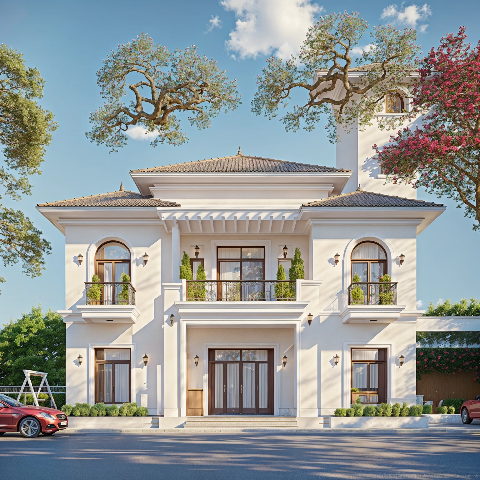 PLATEFORME KTHOUSE, Beaucoup de belles fleurs rouges le long de la route:1.3, Romantique, 1 maison de style néoclassique, La maison de ville est faite de murs blancs, Belle lumière, journée de beauté, ensoleillé, Beaucoup de bougainvilliers rouges le long de la route:1.3, belle sensation de jeunesse :1.2, soleil à midi, Très belles ombres,