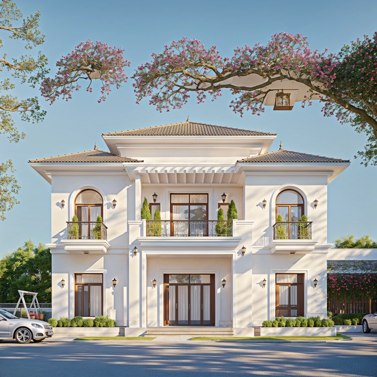 PLATEFORME KTHOUSE, Beaucoup de belles fleurs rouges le long de la route:1.3, Romantique, 1 maison de style néoclassique, La maison de ville est faite de murs blancs, Belle lumière, journée de beauté, ensoleillé, Beaucoup de bougainvilliers rouges le long de la route:1.3, belle sensation de jeunesse :1.2, soleil à midi, Très belles ombres,