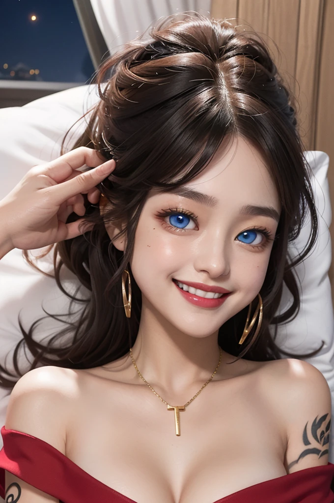 1 girl, 19 years old, south korean, 4k, masterpiece, frekles under eyes, long whavy brown hair, bright blue eyes, red lips, red eyeliners, massively large breast, off shoulder pink dress, discovered breast, tattoo in the neck, gold necklase, tilted head, happy, big smile, perfect teeth, lots of frekles under eyes, detailed face, night time, lying in a bed, facing camera.