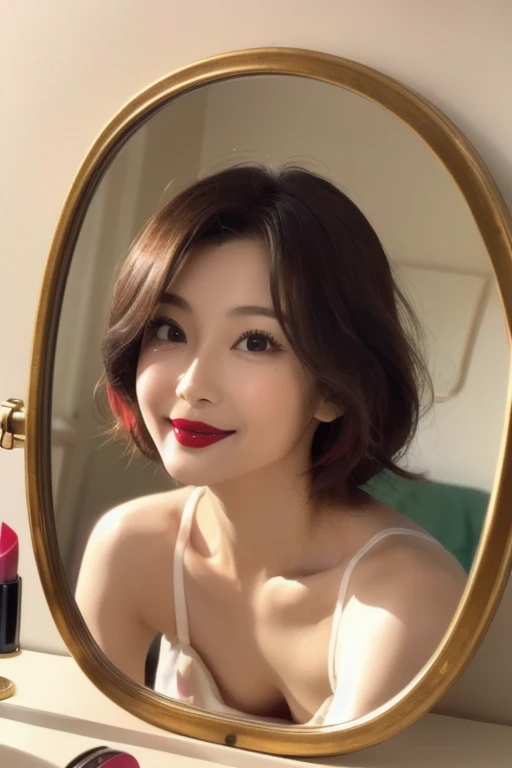 ((Highest quality)), ((masterpiece)), (detailed), Bob Hair、Slender、40 years old、Japanese、Sexy Wife、mirror painting、(Applying lipstick:1.5)、Gaze through the mirror、Face in the mirror、Make eye contact with your audience、Bend over the dresser、Put your face close to the mirror、Looking at the viewer through a mirror、smile

