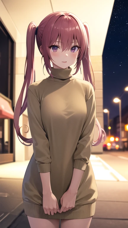 masterpiece, best quality, highres, aanana, long hair, twintails, sweater dress, turtleneck, street, night, standing, cowboy shot