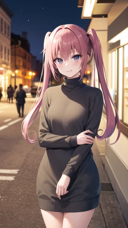 masterpiece, best quality, highres, aanana, long hair, twintails, sweater dress, turtleneck, street, night, standing, cowboy shot