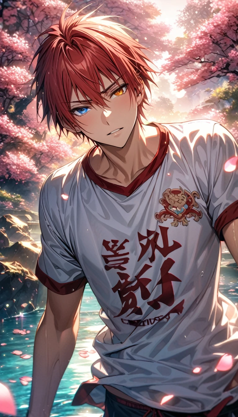 Ultra detailed, highres, absurdres, HDR, master piece, Akashi Seijurou, red hair, short bangs, short hair, Heterochromia, expressive right eye is red, left eye is orange, Kuroko No Basket, fantasy, pink petals, water, pink flowers, handsome, sexy man, solo, best quality, blossoms, blue shining fireflies, white basketball clothes, the word "Krozseria" is written on his shirt