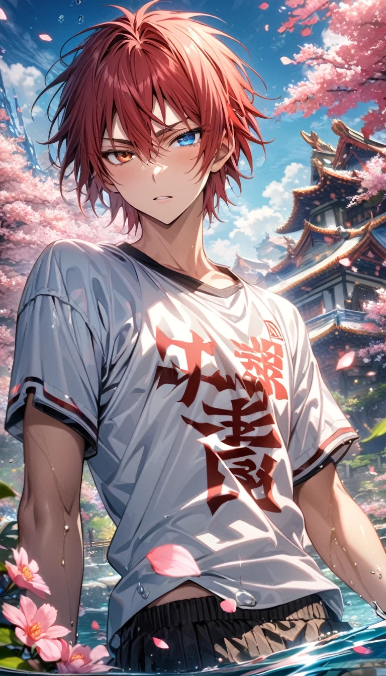Ultra detailed, highres, absurdres, HDR, master piece, Akashi Seijurou, red hair, short bangs, short hair, Heterochromia, expressive right eye is red, left eye is orange, Kuroko No Basket, fantasy, pink petals, water, pink flowers, handsome, sexy man, solo, best quality, blossoms, blue shining fireflies, white basketball clothes, the word "Krozseria" is written on his shirt