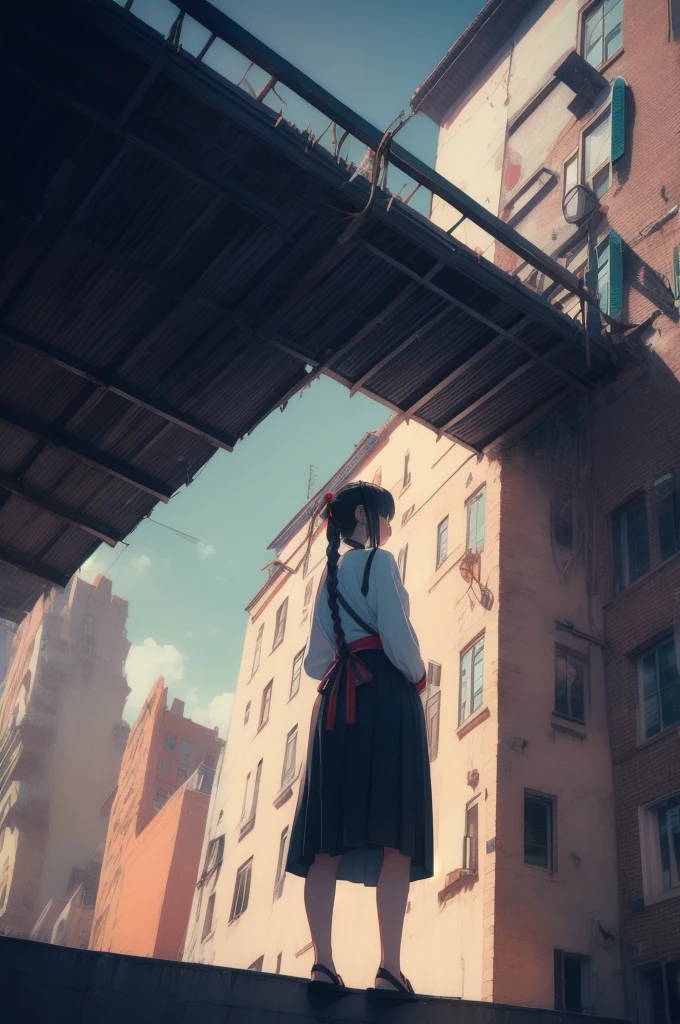 One girl,foot,a girl at building,(((building))), Braided bangs,Braided Ponytail,(alone:1.2),apron,Thick thighs,Side tie panties, Black Hair, 16 years old,View your viewers, sunlight,Hanfu,