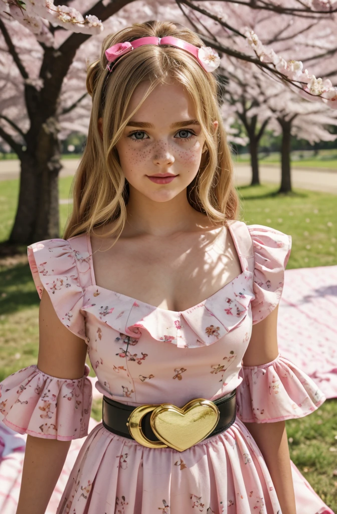 A beautiful curvy blonde kid wearing a sweet Pink Party Contrast Mesh, Ruffle Hem, All Over cherry blossoms Print, A Line, Short puff Sleeves, Sweetheart neckline, thin gold belt with tiny heart buckle, High Waist,Flounce hem Long gown, very long curling hair, cute, sweet, town picnic, warm party atmosphere, pretty, pretty lighting, 8k, octane render, detailed, detailed background, 35mm, realistic, photorealistic, perfect face, cherry blossoms barrettes in hair, freckles, American face