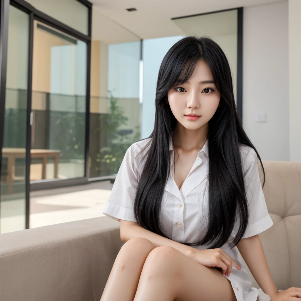 Beautiful korean woman with long black hair and a small face, talking