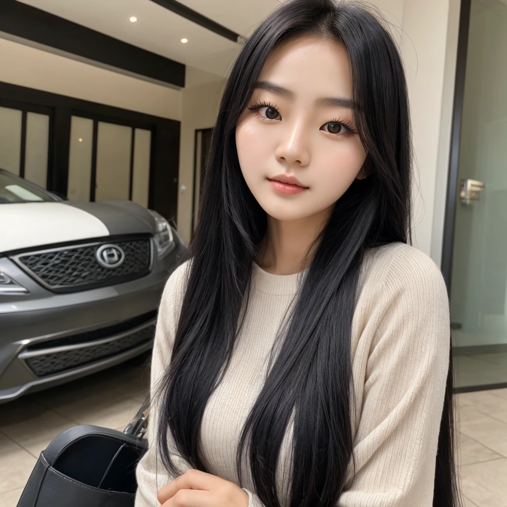 Beautiful korean woman with long black hair and a small face, talking