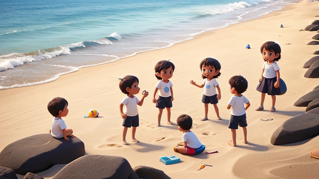 A group of children playing on the beach