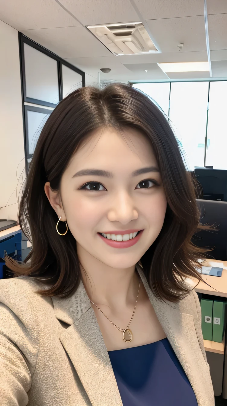 Highest quality:1.2), RAW Photos, High resolution, Very detailed, Intricate details, short hair、Wavy Hair、ear piercing、smile、Emphasis on teeth、Black Hair, (Front view, ), Clear beauty, Necklace around the neck、, Upper Body, (High quality fabric, Office Lady Suits） 、Detailed face, indoor,
