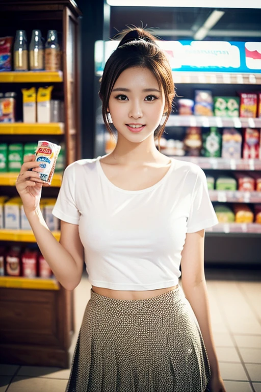 (a gorgeous lady, age 22, white T-shirt, pleated mini-skirt, standing in convenience store, shy expression, dimples, cute snaggle-tooth, short hair ponytail, photorealistic, beautiful detailed face, beautiful detailed eyes, ample round bosom, hyper-realism, high contrast, ultra HD, realistic skin textures, top image quality, top-quality, super high resolution, fine details, very meticulously, masterpiece, head to thigh, the Cowboy shot, romantic feel, bokeh background)