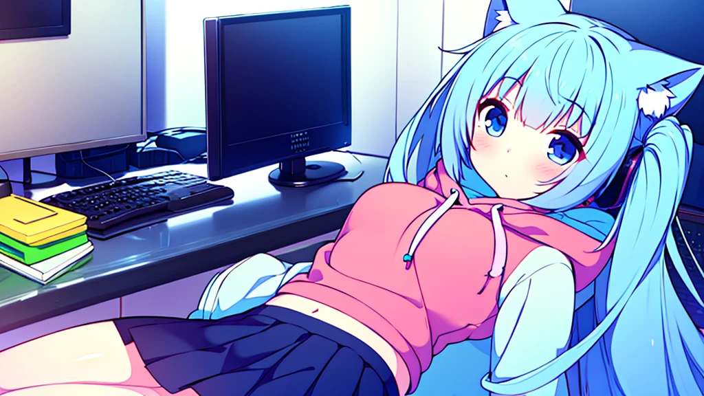 1 beautiful girl, great image quality ,nekomimi, with lots of detail, ray tracing, in a gaming,outfit hoodie, short pleated mini skirt, gamer, long stockings, blue eyes, blue hair long, , in a neon room, PC gaming, perfect anatomy,