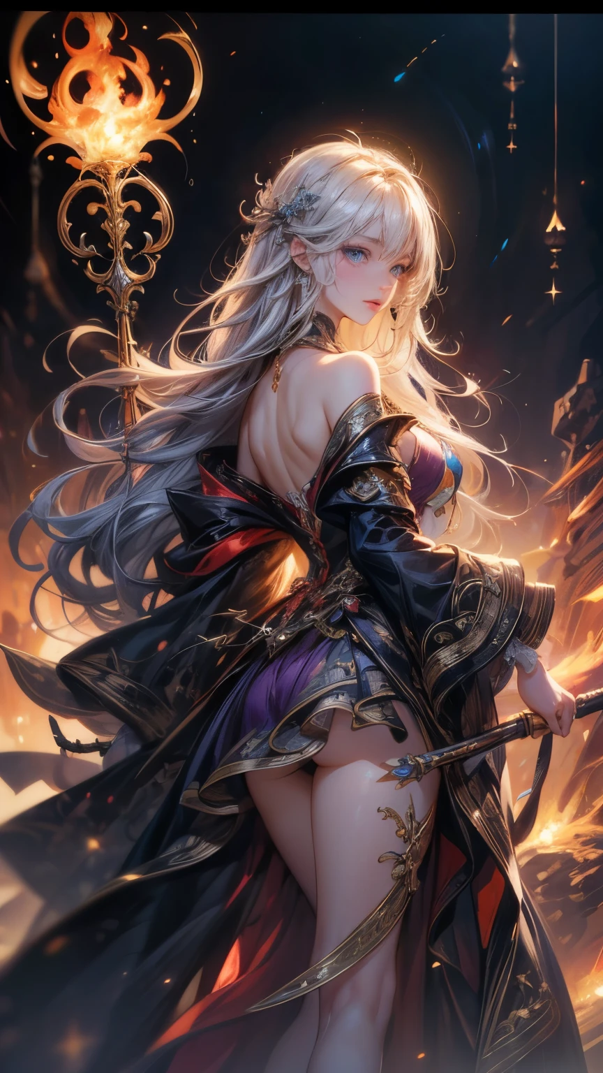 8K resolution, masterpiece, Highest quality, Award-winning works, unrealistic, From above, erotic, Only sexy women, healthy shaped body, 22 years old, Black Mage, Height: 165cm, huge firm bouncing busts,, Silvery long wavy hair, Detailed facial depiction, break, Mysterious blue eyes, Standard nose, eyeliner, Pink Lips, Sexy long legs, Transparent muscle, holy knight, Gothic ruffle long dress, A dress with a complex structure, Seven colourful dresses, Clothed in flames, royal coat of arms, elegant, Very detailed, Delicate depiction of hair, Miniature Painting, Digital Painting, artステーションコンセプトart, Smooth, Sharp focus, shape, artジャム、Greg Rutkowski、Alphonse Mucha、William Adolphe Bouguereau、art：Stephanie Law , Royal Jewel, nature, Symmetric, Greg Rutkowski, Charlie Bowwater, unrealistic, Surreal, Dynamic Lighting, ファンタジーart, Complex colors, Colorful magic circle, flash, dynamic sexy pose, A kind smile, Mysterious Background, aura, A gentle gaze, break, Small faint lights and flying fireflies, night, lanthanum, 山の頂From above下界を見下ろす, Starry Sky, milky way, nebula, shooting star, A sacred staff that emits a brilliant light, Back view, Facing the camera