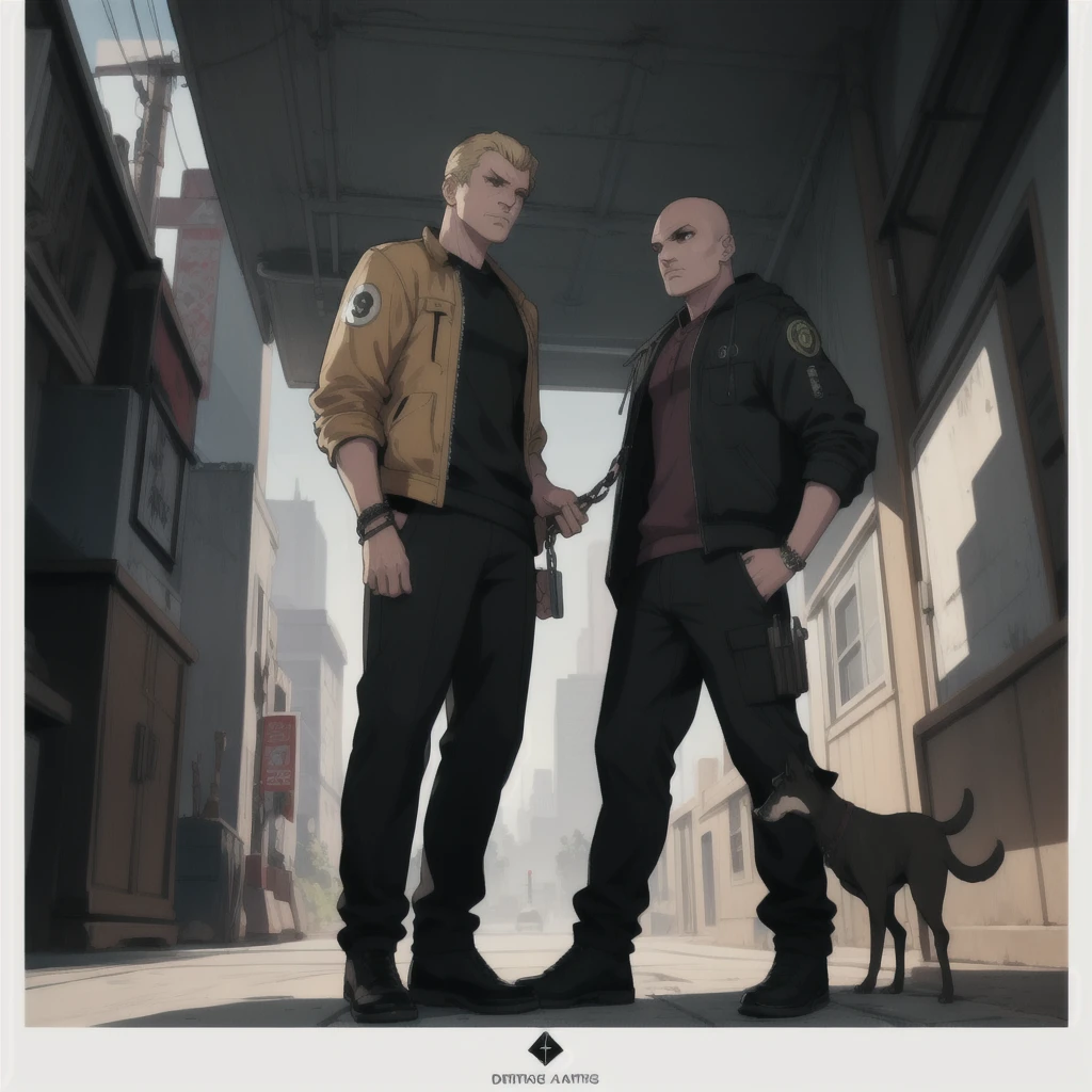 GTAV Loading Screen 2D Graphics, wide angle, whole body, blonde girl standing , holding an ametry and a pitbull on a leash chain, GTA5 character, cinematographic composition, in front of a city, shadow, bright cinematic lighting, soft contrast, GTA5 loading screen, gta art, 4K Wallpaper, 4K Wallpaper, 4K Wallpaper de alta calidad, gta loading screen graphics, art the fan, art of rockstar games