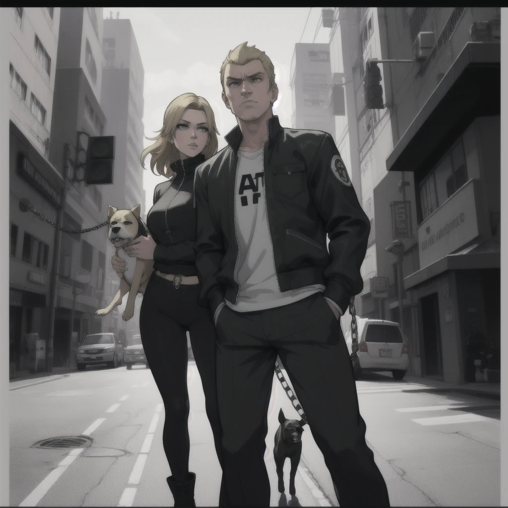 GTAV Loading Screen 2D Graphics, wide angle, whole body, blonde girl standing , holding an ametry and a pitbull on a leash chain, GTA5 character, cinematographic composition, in front of a city, shadow, bright cinematic lighting, soft contrast, GTA5 loading screen, gta art, 4K Wallpaper, 4K Wallpaper, 4K Wallpaper de alta calidad, gta loading screen graphics, art the fan, art of rockstar games
