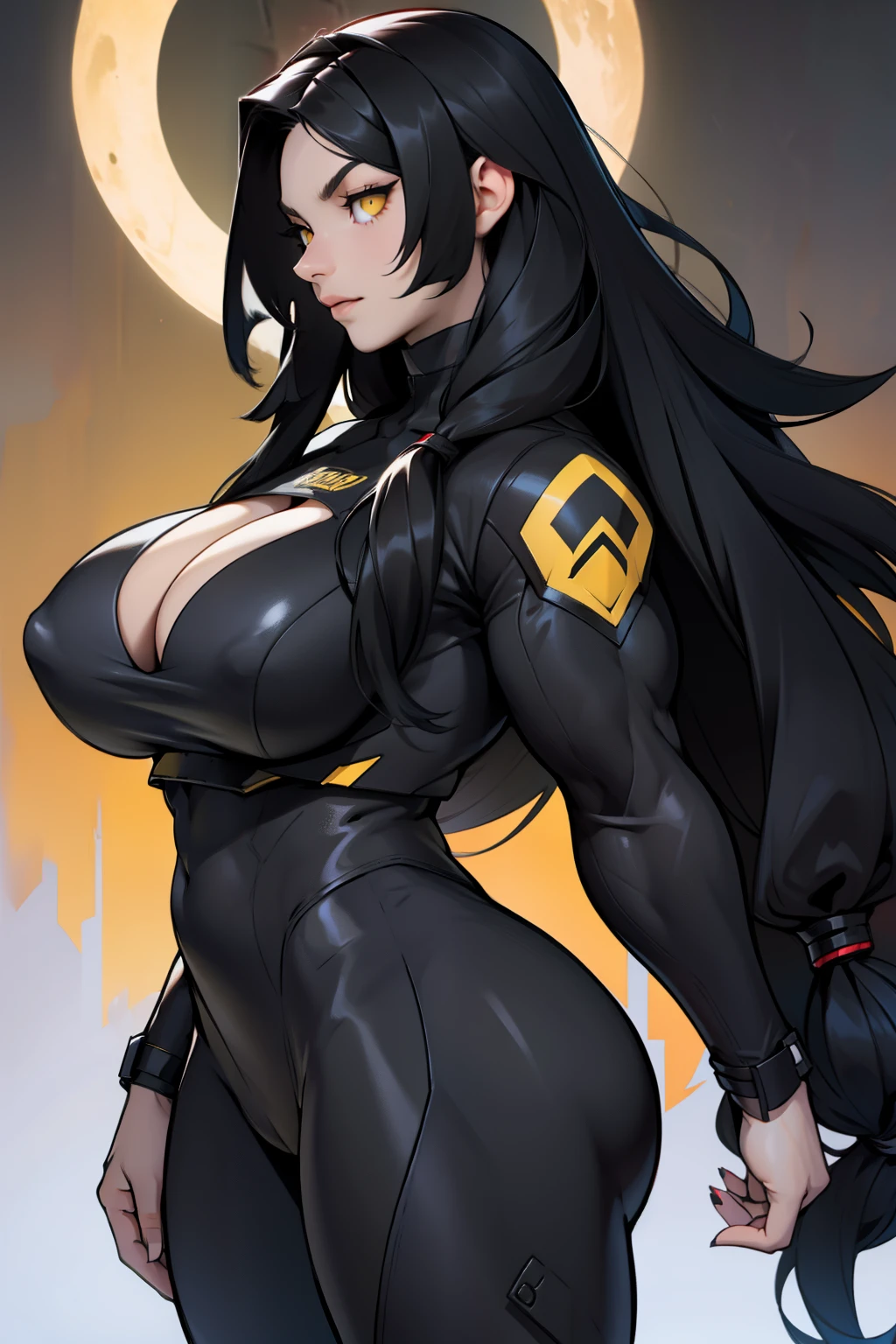 (((long hair))) (((long hair))) black hair yellow eyes pale skin muscular girl huge breasts