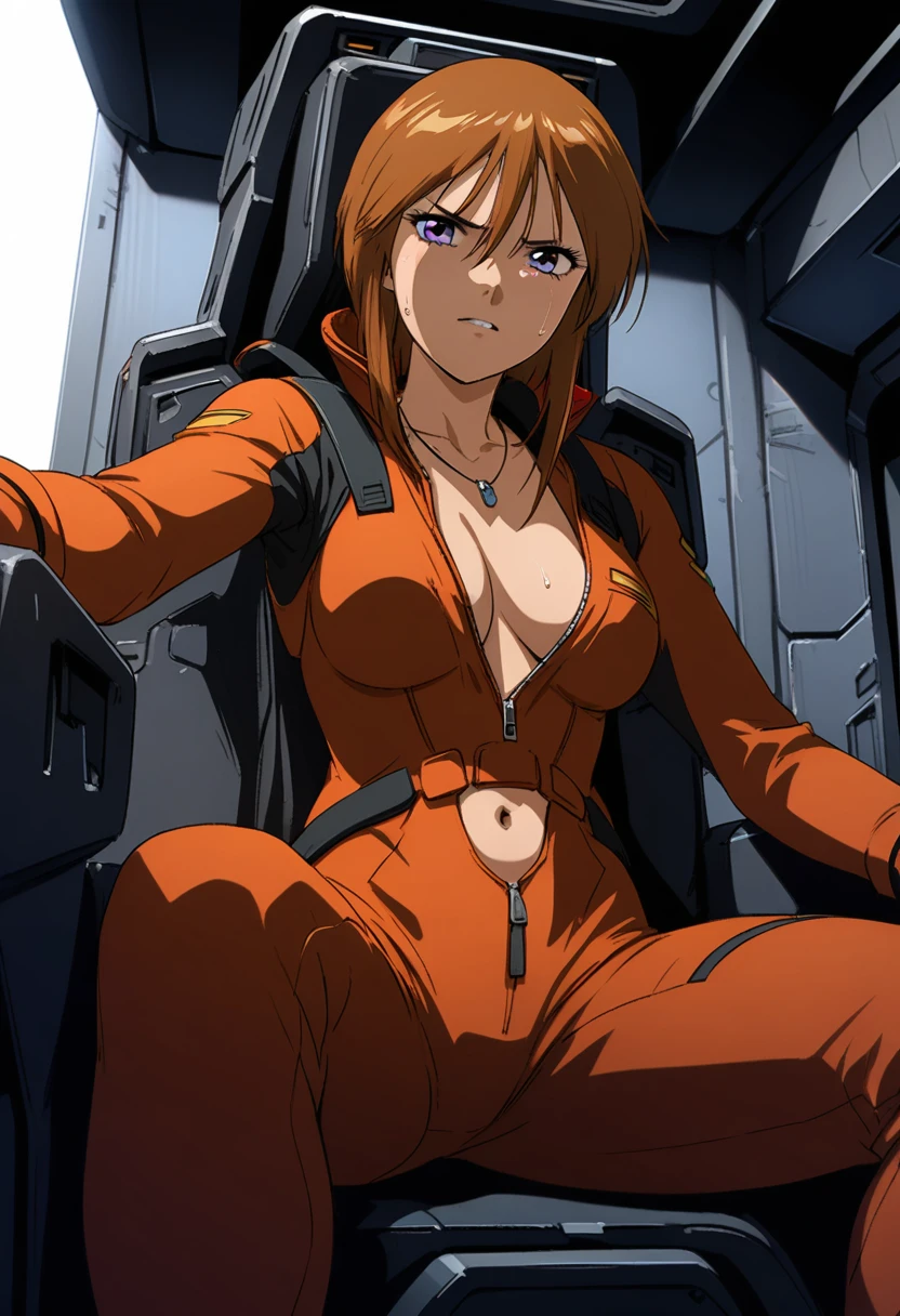 Ple Two,lppl2,perfect hands, perfect finger,perfect anatomy, masterpiece, best quality,realistic, hyperrealistic, 16k hdr,(red and black flight suit:1.2),gundamwingcockpit,amall breasts,sitting,spread legs,brown hair,open zipper,navel,,no bra,cleavage,necklace,sweat,from below