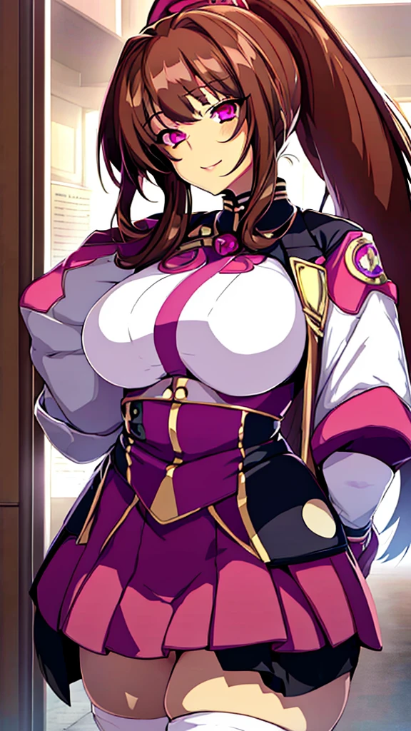 High detailed, 1 girl, cinnamon-brown hair, large ponytail, detailed pink eyes, confident expression, confident smile,  busty, round buson, plump body, purple military's clothes, pink military's skirt, mecha weapon, large white highsocks