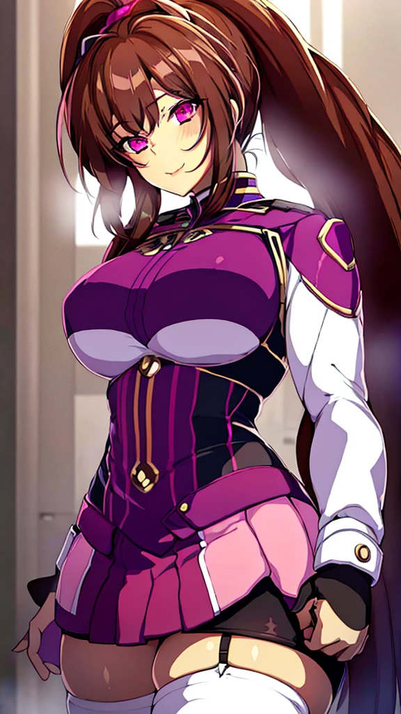 High detailed, 1 girl, cinnamon-brown hair, large ponytail, detailed pink eyes, confident expression, confident smile,  busty, round buson, plump body, purple military's clothes, pink military's skirt, mecha weapon, large white highsocks