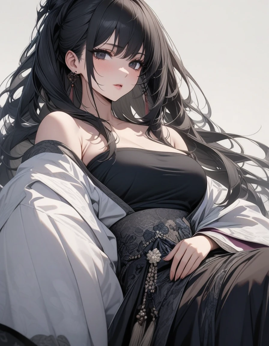 Mature big sister,Black long hair,Black tube top,Hanfu,Beautiful black eyes,Extremely detailed,high resolution,Simple background