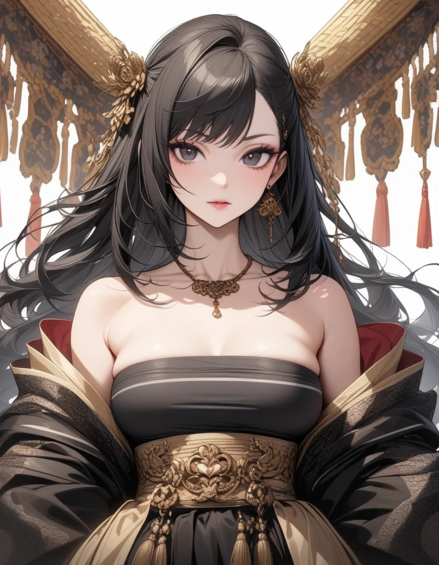 Mature big sister，Black long hair，Black tube top，Hanfu，Beautiful black eyes，Extremely detailed，high resolution，Simple background