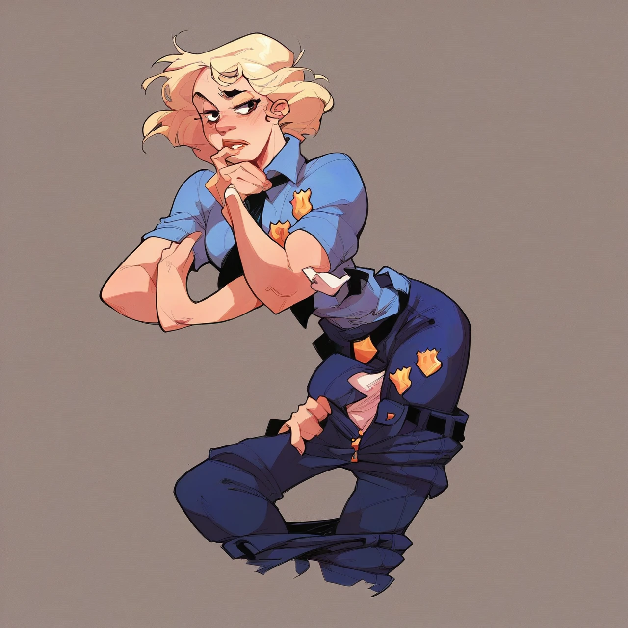 score_9, score_8_up, score_7_up, score_6_up, score_5_up, score_4_up, mirandawright, short hair, blonde hair, police uniform, solo, unzipped pants, belt undone, pants undone, underwear showing unaware, pants down