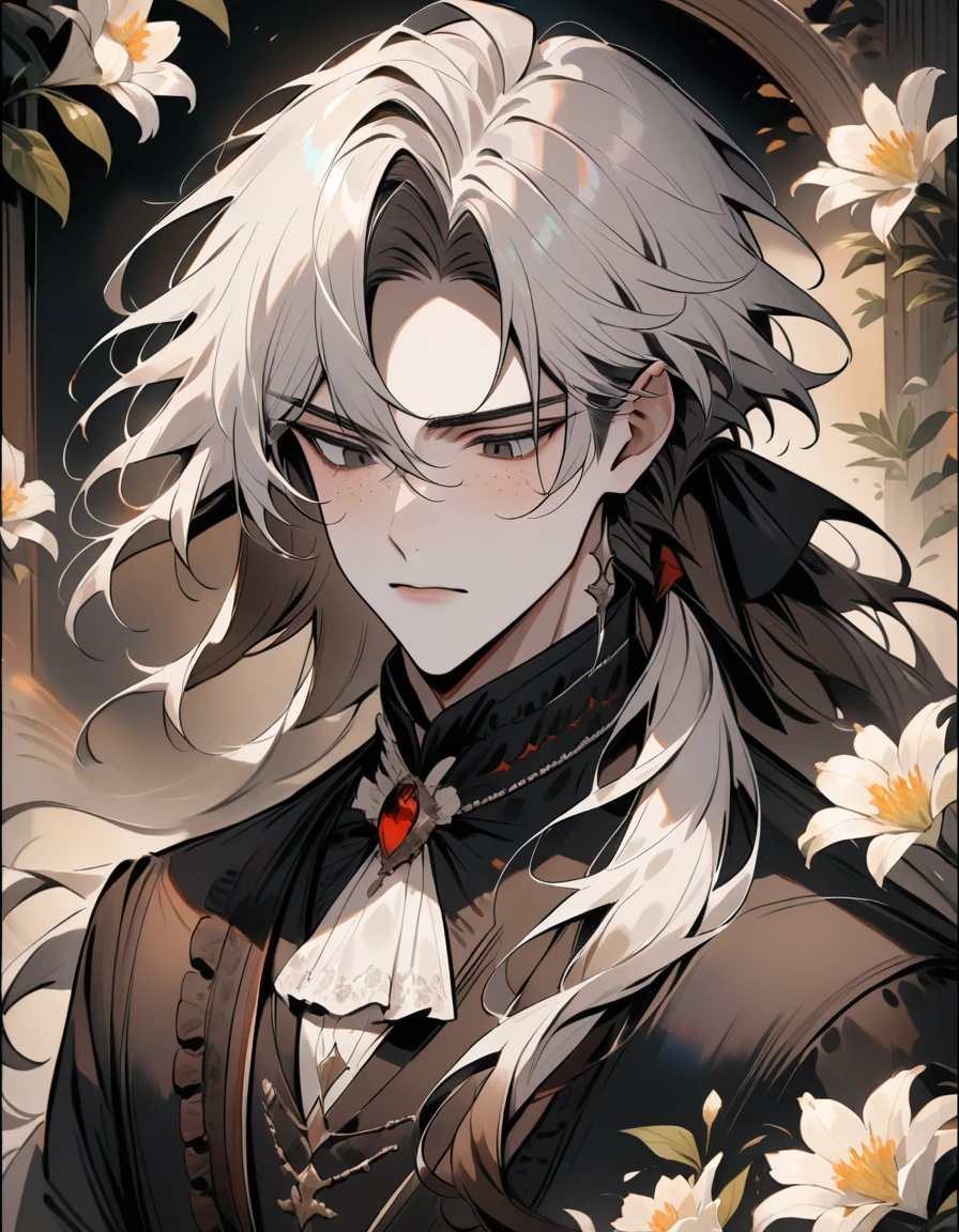 ((4k,masterpiece,best quality)), (watercolor:1.2), 1 boy, solo, close up portrait, freckles, white hair, silver hair, long hair, fluffy wavy hair, bangs, long side hair, low loose ponytail, black lace, looking down, serious expression, black eyes, pale skin, gothic victorian clothing, beautiful androgynous vampire, surrounded by white lilies, dark velvet background, old painting, sepia color palette, visible brush strokes, inspired by Okumura Masanobu, 3/4 face view from up