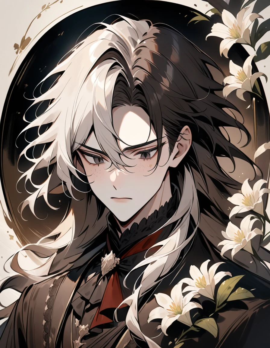 ((4k,masterpiece,best quality)), (watercolor:1.2), 1 boy, solo, close up portrait, freckles, white hair, silver hair, long hair, fluffy wavy hair, bangs, long side hair, low loose ponytail, black lace, looking down, serious expression, black eyes, pale skin, gothic victorian clothing, beautiful androgynous vampire, surrounded by white lilies, dark velvet background, old painting, sepia color palette, visible brush strokes, inspired by Okumura Masanobu, 3/4 face view from up