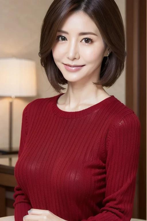 highest quality, 8k, High resolution, masterpiece, Best Photos, (Slim figure), Hourglass-shaped body shape, 1 Japanese female, Fine and beautiful eyes, Very detailed, Detailed face, In the hotel lobby, Photo from the waist up, short hair, Lightweight plain knit sweater, Big Breasts, (View your viewers)