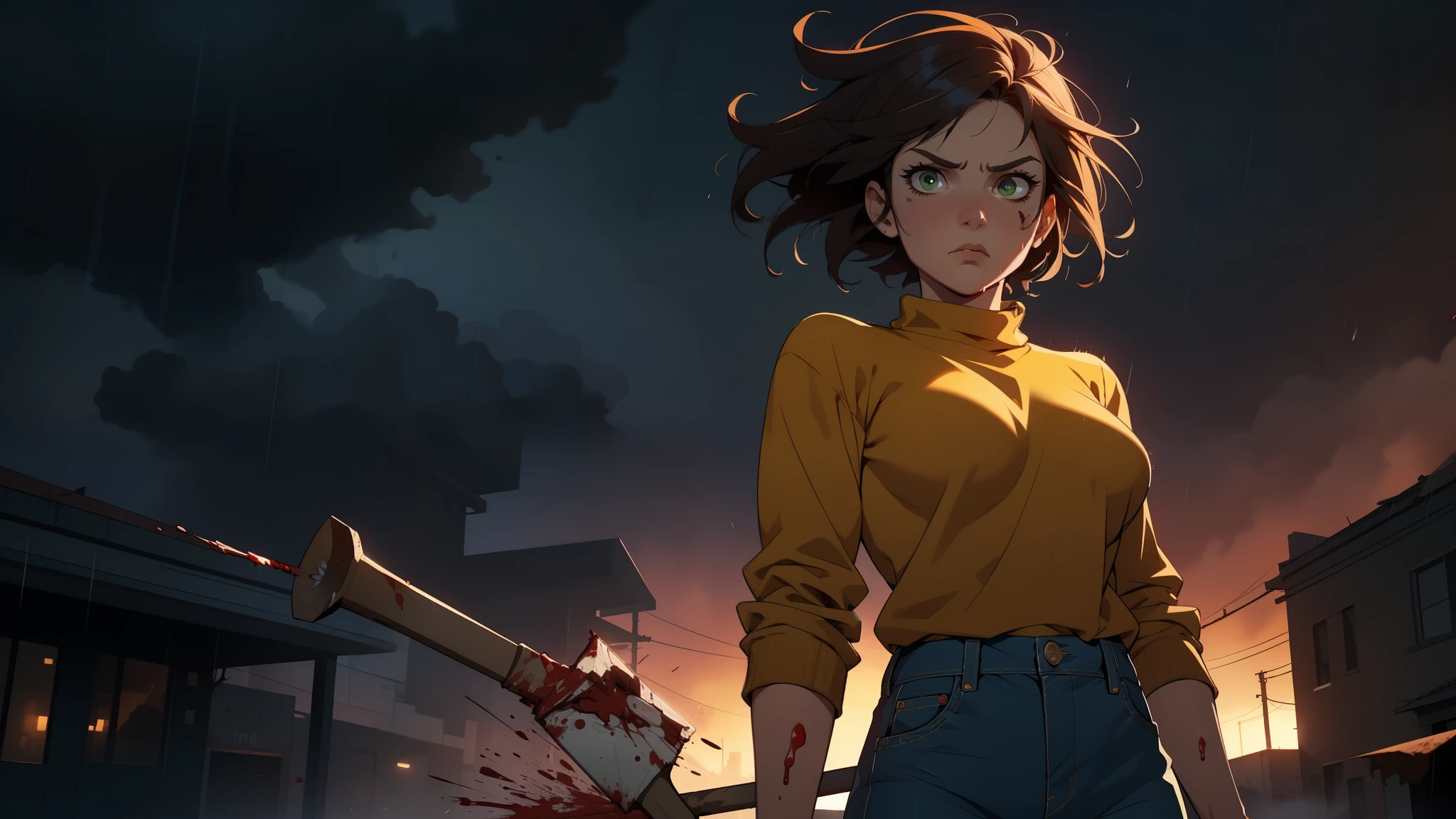 1girl, fluffy messy hair, beautiful shy face, medium breast size, green eyes, american, wearing a dark yellow sweater rolled up sleeves, blue jeans, holding a shovel, scared expression, best quality, masterpiece, badass pose, rainy background, apocalypse zombie vibe, covered in blood, wind