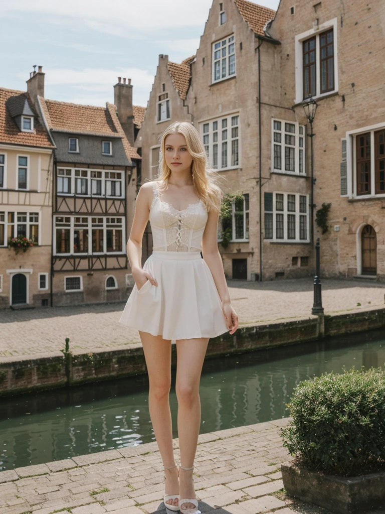 her name is Marie, high quality, 1girl, ((20-year-old fit Caucasian woman)), ((20 years old)), ((fit)), ((pale skin tone)), medium length straight blonde hair , wearing Lace-Up Corset Top + High-Waisted Pleated Skirt, pose: standing, background: Detail the picturesque streets of Bruges, Belgium, where cobblestone lanes, historic buildings, and serene canals create a postcard-perfect scene.