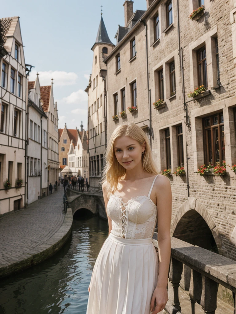 her name is Marie, high quality, 1girl, ((20-year-old fit Caucasian woman)), ((20 years old)), ((fit)), ((pale skin tone)), medium length straight blonde hair , wearing Lace-Up Corset Top + High-Waisted Pleated Skirt, pose: standing, background: Detail the picturesque streets of Bruges, Belgium, where cobblestone lanes, historic buildings, and serene canals create a postcard-perfect scene.
