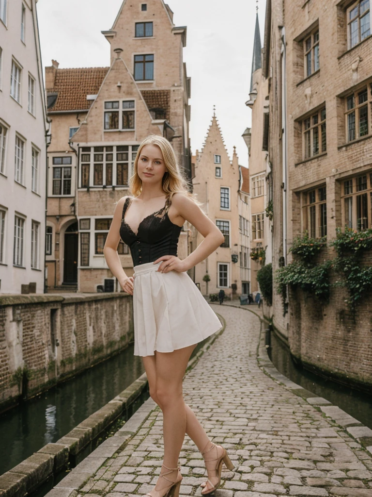 her name is Marie, high quality, 1girl, ((20-year-old fit Caucasian woman)), ((20 years old)), ((fit)), ((pale skin tone)), medium length straight blonde hair , wearing Lace-Up Corset Top + High-Waisted Pleated Skirt, pose: standing, background: Detail the picturesque streets of Bruges, Belgium, where cobblestone lanes, historic buildings, and serene canals create a postcard-perfect scene.