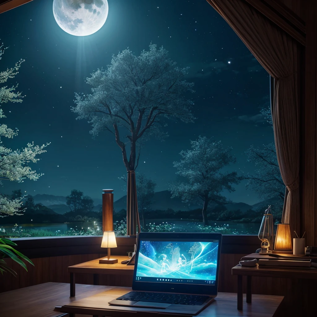 A tranquil scene unfolds in a magical lab setting: a laptop with a glowing screen rests on a desk by a large window, showcasing a serene moonlit landscape. Blue neons softly illuminate white flowers next to a tablet and PC monitor. A vocal microphone and headphones hint at creativity buzzing in the air. This anime-inspired digital painting, winning a pixiv contest, exudes a cozy, enchanting ambiance, captivating viewers with its blend of mystical realism and fairy tale allure.