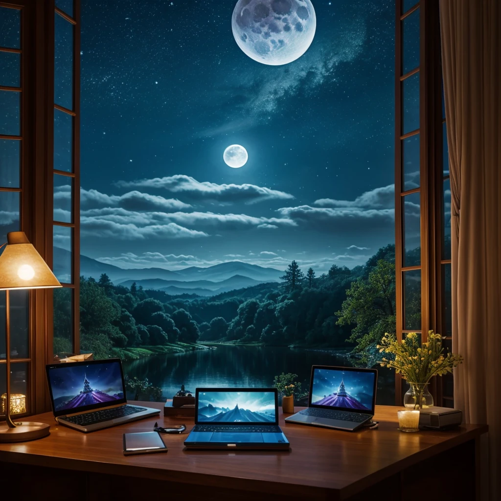A tranquil scene unfolds in a magical lab setting: a laptop with a glowing screen rests on a desk by a large window, showcasing a serene moonlit landscape. Blue neons softly illuminate white flowers next to a tablet and PC monitor. A vocal microphone and headphones hint at creativity buzzing in the air. This anime-inspired digital painting, winning a pixiv contest, exudes a cozy, enchanting ambiance, captivating viewers with its blend of mystical realism and fairy tale allure.