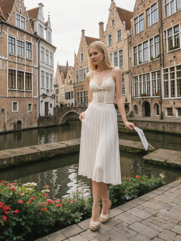 her name is Marie, high quality, 1girl, ((20-year-old fit Caucasian woman)), ((20 years old)), ((fit)), ((pale skin tone)), medium length straight blonde hair , wearing Lace-Up Corset Top + High-Waisted Pleated Skirt, pose: standing, background: Detail the picturesque streets of Bruges, Belgium, where cobblestone lanes, historic buildings, and serene canals create a postcard-perfect scene.
