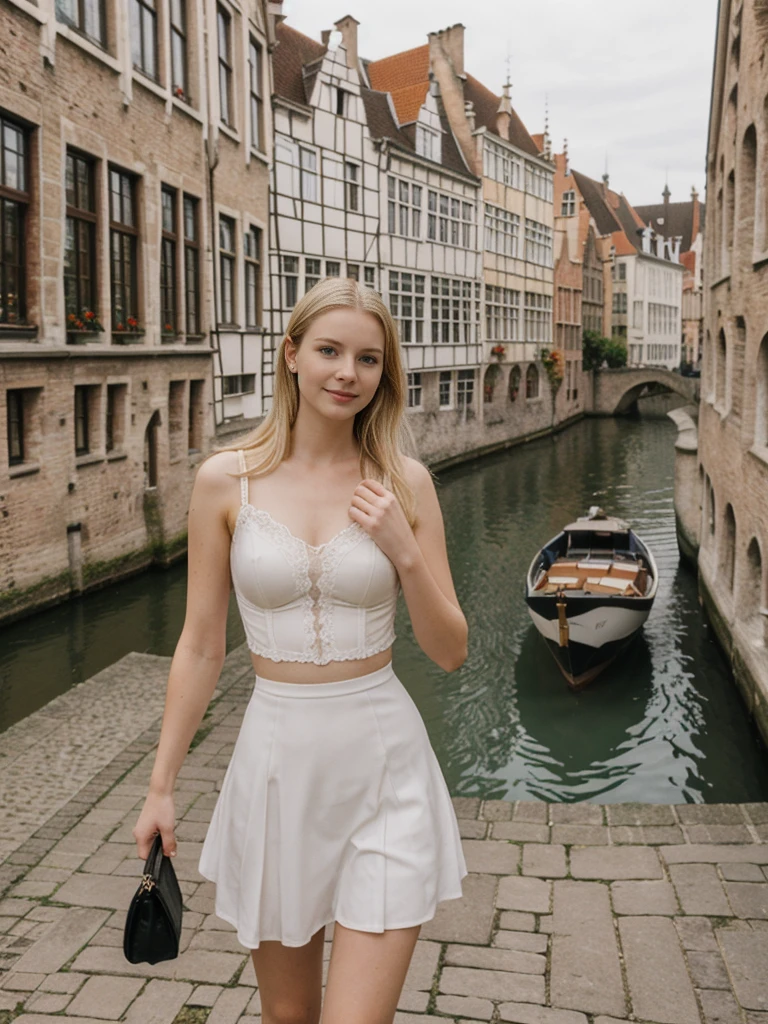her name is Marie, high quality, 1girl, ((20-year-old fit Caucasian woman)), ((20 years old)), ((fit)), ((pale skin tone)), medium length straight blonde hair , wearing Lace-Up Corset Top + High-Waisted Pleated Skirt, pose: standing, background: Detail the picturesque streets of Bruges, Belgium, where cobblestone lanes, historic buildings, and serene canals create a postcard-perfect scene.