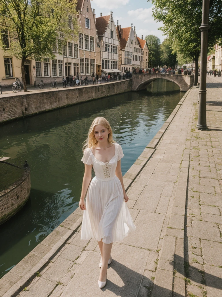 her name is Marie, high quality, 1girl, ((20-year-old fit Caucasian woman)), ((20 years old)), ((fit)), ((pale skin tone)), medium length straight blonde hair , wearing Lace-Up Corset Top + High-Waisted Pleated Skirt, pose: standing, background: Detail the picturesque streets of Bruges, Belgium, where cobblestone lanes, historic buildings, and serene canals create a postcard-perfect scene.