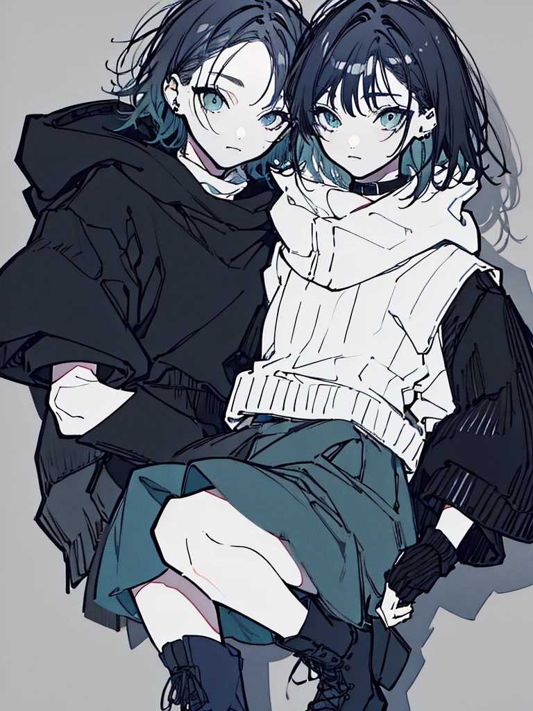 ((body)) skinny, short, pale, freckles on the face, 18 years old ((hair)) long black hair, messy, ((eyes)) green eyes, ((black outfit)) oversize black shirt, blue skirt, knitted shoe covers, black cotton fingerless gloves, black boots, piercings, choker