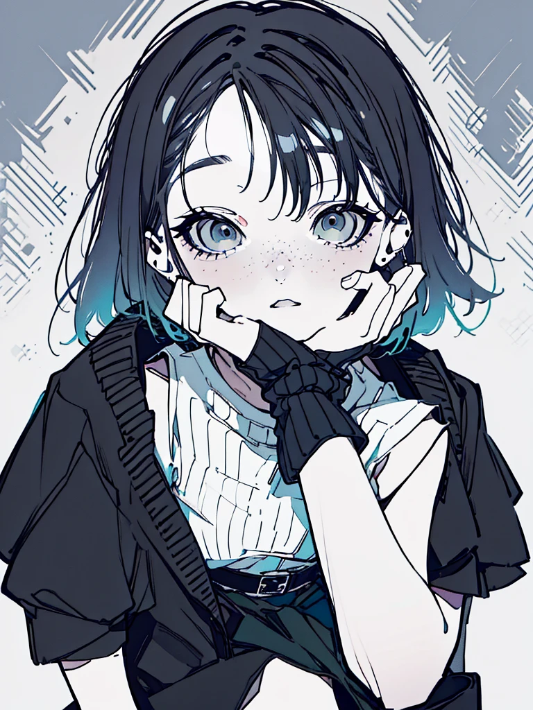 ((body)) skinny, short, pale, freckles on the face, 18 years old ((hair)) long black hair, messy, ((eyes)) green eyes, ((black outfit)) oversize black shirt, blue skirt, knitted shoe covers, black cotton fingerless gloves, black boots, piercings, choker