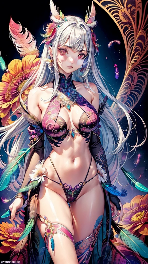 (official art, beautiful and aesthetic:1.2), (1girl:1.3),(fractal art:1.1),(colorful:1.1)(flowers:1.3),highest detailed,(zentangle:1.2), thigh up, (abstract background:1.3), (shiny skin), (many colors:1.4), (earrings), (feathers:1.5), silver hair, pink eyes, cat ears, long hair 