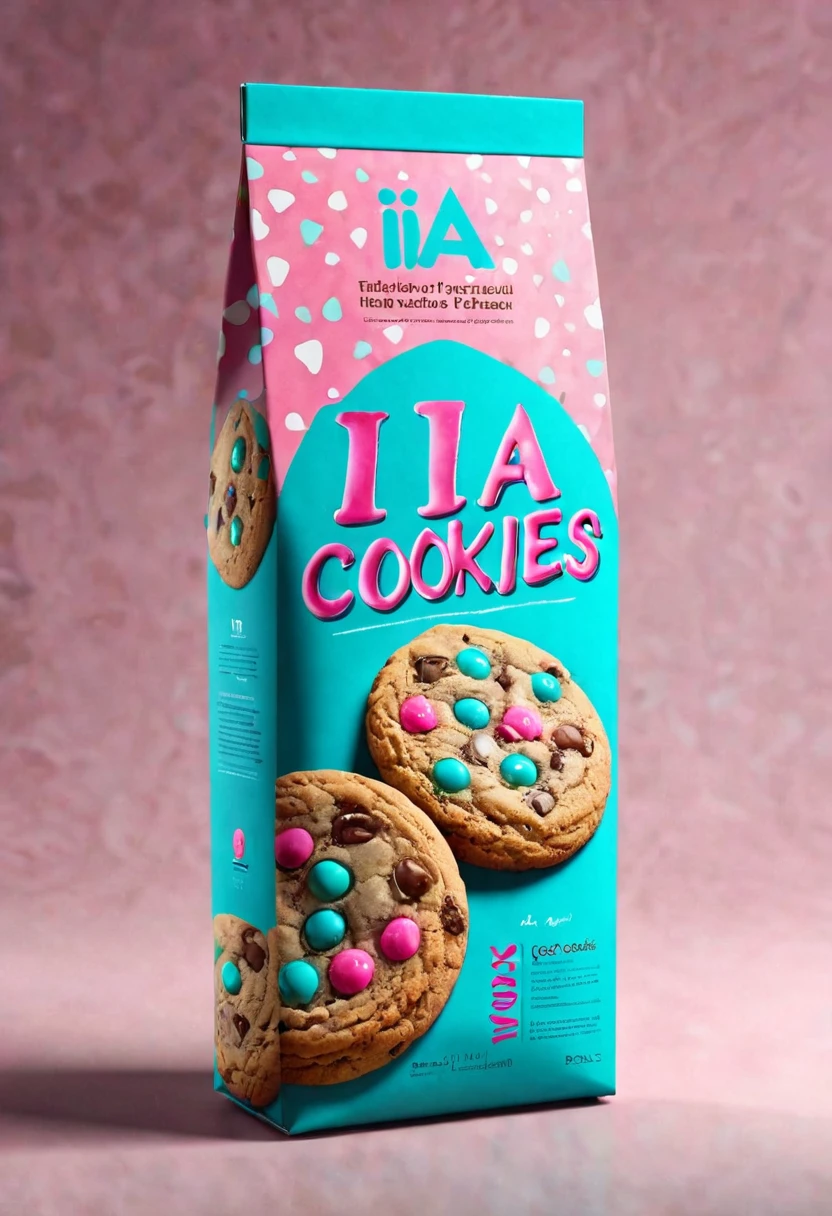 A package of cookies, packaging with a beautiful design in brown, turquoise blue and pink colors, it says on the packaging "IA COOKIES" the package is open with cookies coming out of it, creative image, creative graphic design, hyper realistic texture, professional studio lighting , high contrast, close-up view, deep shadows