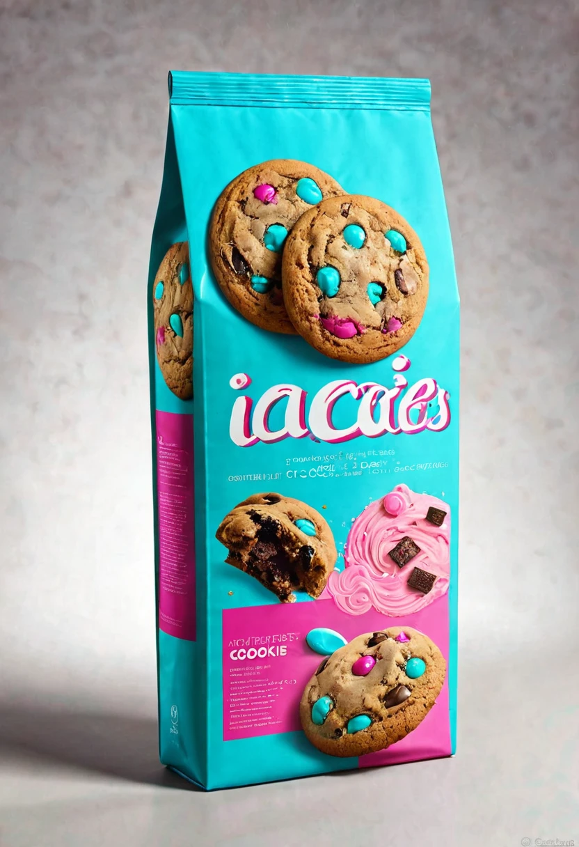 A package of cookies, packaging with a beautiful design in brown, turquoise blue and pink colors, it says on the packaging "IA COOKIES" the package is open with cookies coming out of it, creative image, creative graphic design, hyper realistic texture, professional studio lighting , high contrast, close-up view, deep shadows
