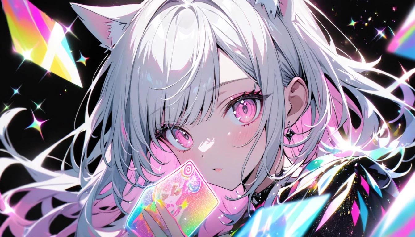 A high-quality hologram card, pretty girl,Cat ear, Beautiful silver hair,Pink inside,Beautiful pink eyes,with glitter, and a black background around the card, clear coloring, and colorful