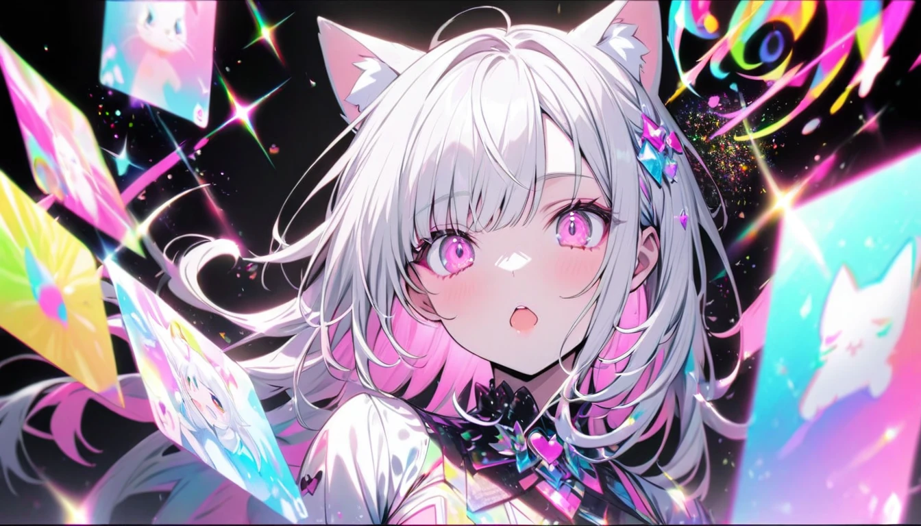 A high-quality hologram card, pretty girl,Cat ear, Beautiful silver hair,Pink inside,Beautiful pink eyes,with glitter, and a black background around the card, clear coloring, and colorful