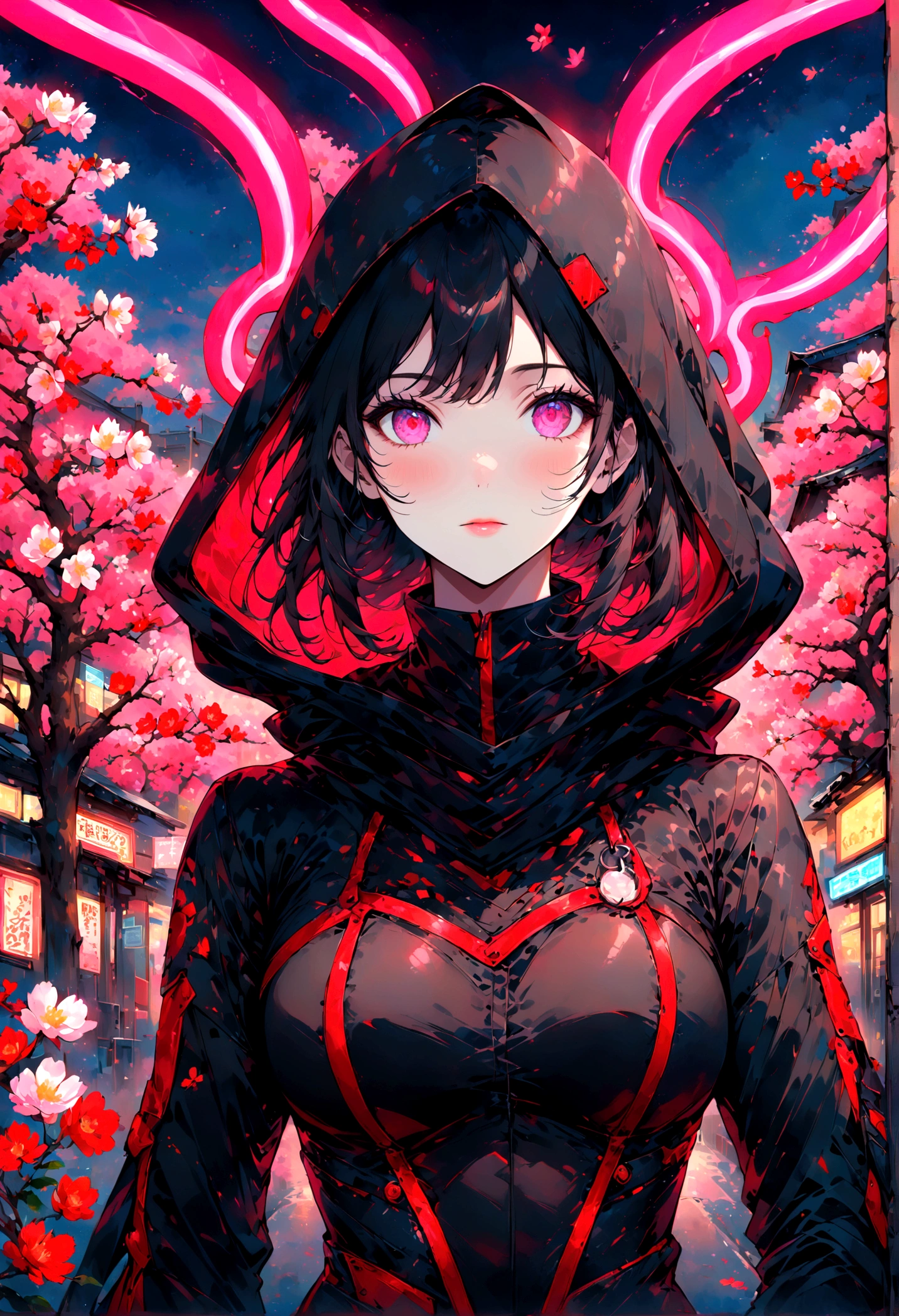 Neon, ( Portrait of a girl dressed in a dark black ninja suit with a hood.), Leather suit, suit that emanates bright pink light, bright pink eyes, very detailed eyes, by white, perfect anatomy, Japanese cherry trees in the background, The trees have luminous leaves, flowers fall from the trees, bright, (Neon lights stick out of the suit.), evening, nocturnal. high image quality, 8k, High Definition, intricate, very detailed image, very sharp, Neon luminoso